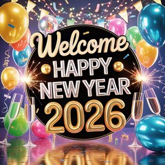 Welcome 2026 with a Vibrant New Year Greeting, Beautifully Designed, Happy New Year 2026 Wishes, Minimal modern, artwork, decorative swirls, Bright and Inspiration, photorealistic image, background,