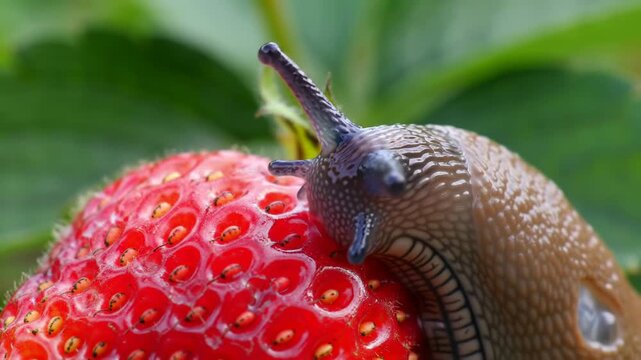 Slug on Strawberry, eating fruit in garden, with green leaves, for illustration