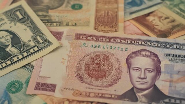 Close-up of US Dollar Bills and Foreign Currency Banknotes Scattered and Overlapping money finance