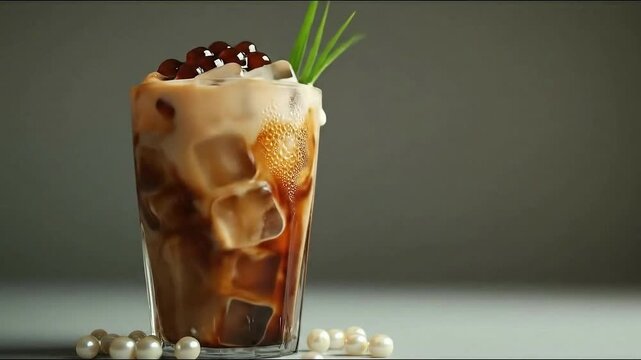 Delicious brown sugar milk tea with boba and plant garnish