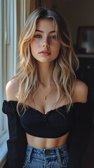 Fototapeta premium Stylish woman dressed in black top and denim jeans