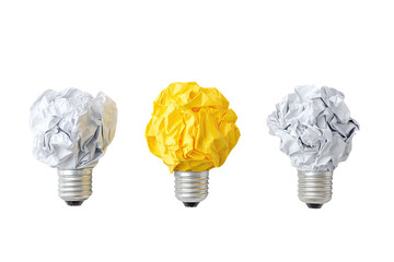 Three light bulbs, two crumpled white paper, one crumpled yellow paper