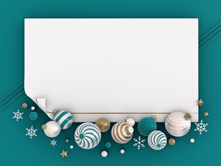 3d Christmas card, with place for greeting text. Assorted Christmas baubles and snowflakes. 3D render.