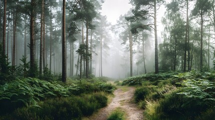 Fototapeta premium Misty Forest Path with Lush Green Ferns and Tall Pine Trees.