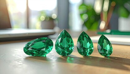 Four pear-shaped vibrant green gems on a wood desk