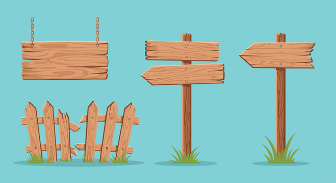 Collection of rustic wooden elements including various directional signs and a broken garden fence on a blue background.