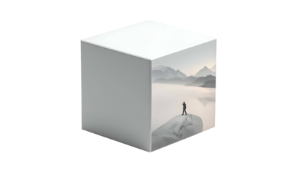 A cube floats in darkness, showcasing a mountain scene on one face