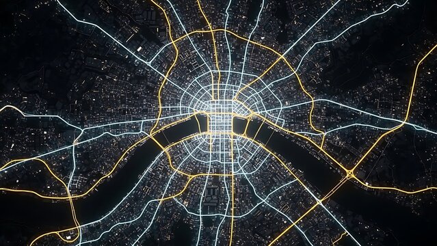 A sprawling cityscape at night showcases a complex network of illuminated roads and highways crisscrossing through the urban landscape. - Powered by Adobe