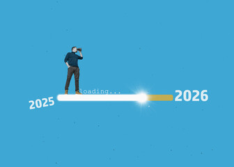 Flat design. Businessman with binoculars on loading progress from 2025 to 2026 - preparation merry Christmas and happy new year concept.