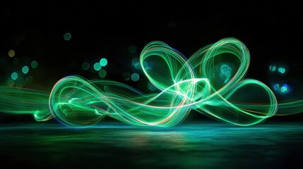 Vibrant green light trails in dark space illustration
