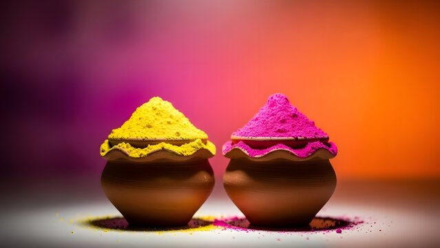 Vibrant holi powder containers on colorful background