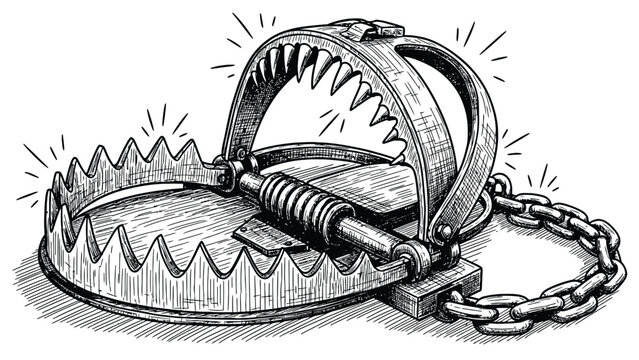 Bear Trap With Chain And Spring Mechanism &mdash; Vintage Illustration Of A Grim Trap
