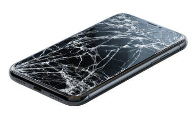Broken smartphone screen.  Cracked glass, dark gray casing