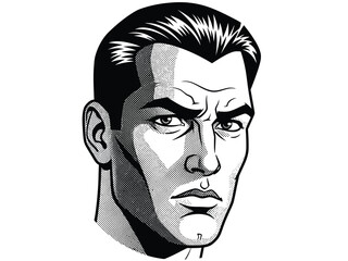 A Stark Black and White Comic Book Style Portrait of a Determined Man with Intense Eyes and Grim Expression, Rendered with Bold Lines and Shading