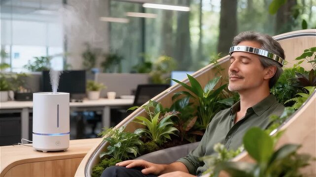 Un empleado de oficina usando un dispositivo de neuro-feedback en la frente sentado en una capsula de meditacion llena de plantas 