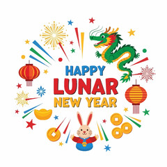 Obraz premium Colorful Festive Lunar New Year Celebration Illustration with Dragon, Rabbit, Lanterns, Fireworks, and Traditional Prosperity Symbols