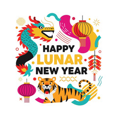 Vibrant illustration celebrating Lunar New Year. Features dragon, tiger, lanterns, firecrackers, and festive elements.