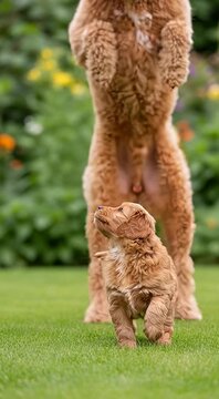 Sheepadoodle adult dog wags tail as puppy takes first step in a garden setting with flowers and green grass