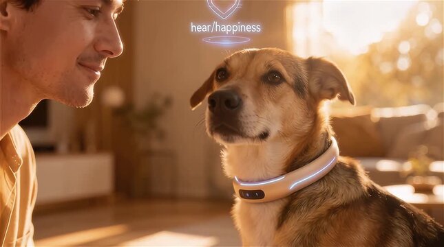 Un perro de raza mixta usando un collar inteligente 