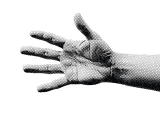 Black and white halftone dot image of an open human hand with fingers spread wide against a stark white background, evoking a sense of presence or gesture.