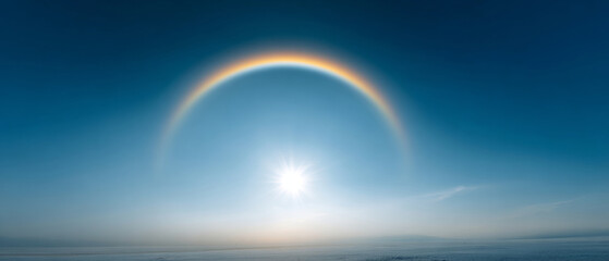 Bright sun with a colorful halo in a clear blue sky over a calm ocean horizon during daytime