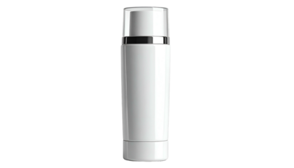 Cylindrical white bottle with a silver band and cap, set against a stark black background