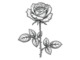 A classic, detailed black and white line drawing of a single, fully bloomed rose with a long stem, thorny stem, and multiple leaves.