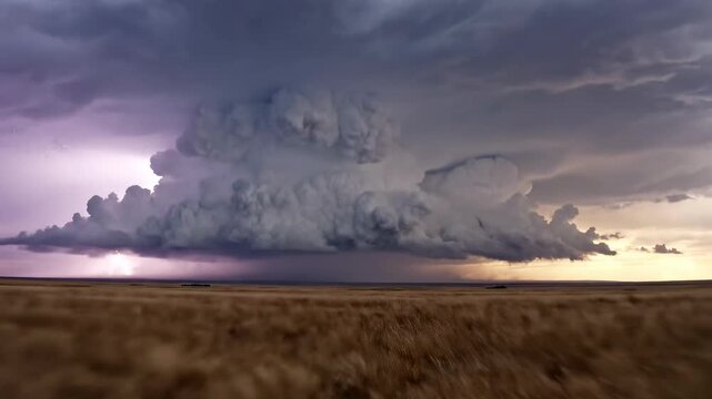 Wide cinematic slow motion shot of dramatic storm clouds moving rapidly across a flat, empty prairie landscape toward the far, endless horizon moving, ominous, determination