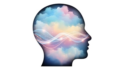 Obraz premium A vibrant cloudscape inside a human head silhouette symbolizing creativity and thought