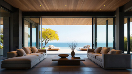 Modern luxury living room with ocean view and sliding glass doors