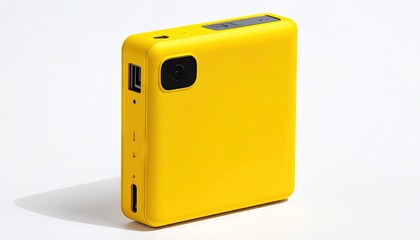 Compact yellow portable charger with black camera lens and USB ports isolated on a clean white background with soft shadow casting