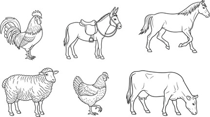 Farm animals vector illustration, rooster, donkey, horse, sheep, hen, cow, black and white line art, livestock drawing, educational, rural, agriculturet