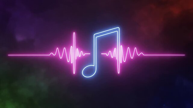 Neon Blue Music Note Symbol with Pink Sound Waveforms on a Colorful Nebula Background eighth note musical symbol