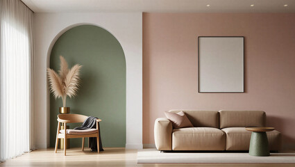 Modern living room with beige couch and green accent wall in neutral tones