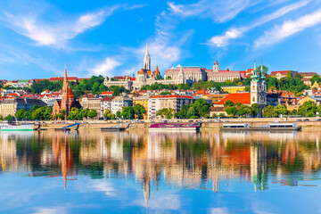 Panoramic view of the Buda skyline featuring Matthias Church, Fisherman's Bastion, St. Anne's Church and the Reformed Church in Budapest, Hungary