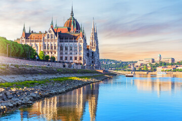 Side view of the Parliament building on Danube River, Budapest, Hungary