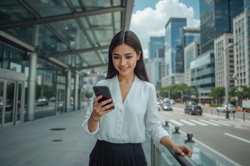 A woman walks down a city sidewalk, engrossed in her smartphone, with a modern urban backdrop