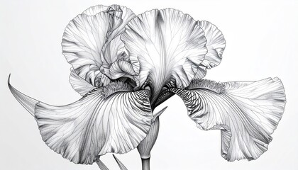 Detailed Ink Drawing of a Majestic Bearded Iris Flower in Monochromatic Tones Against a Clean White Background