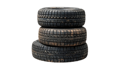 Stack of three worn car tires on a stark black background