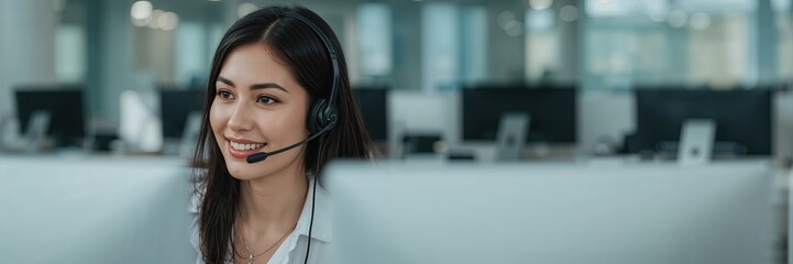 A woman with a headset smiles softly while working at her computer in a quiet, professional office setting