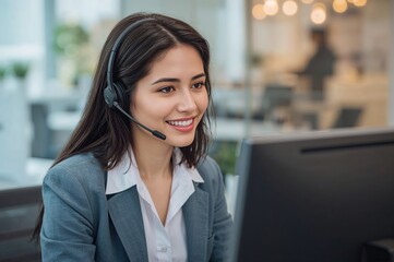 A confident woman with a headset works at her computer, projecting professionalism and competence in her role