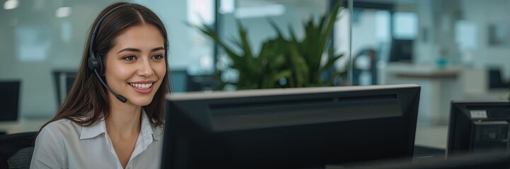 A woman with a gentle smile works at her computer, embodying a calm and focused professional demeanor