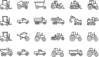 Construction machinery outline icon set with trucks, excavators, tractors, and forklifts, minimal editable stroke symbols for engineering and building projects © ARMAN STOCK