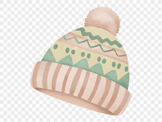 Watercolor winter beanie hat with pom pom cute cozy knitted christmas fashion element Vector.