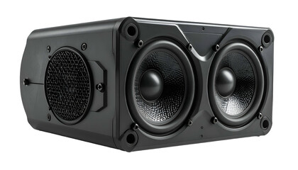 Close-up of a black audio speaker with two visible cones and a mesh grill