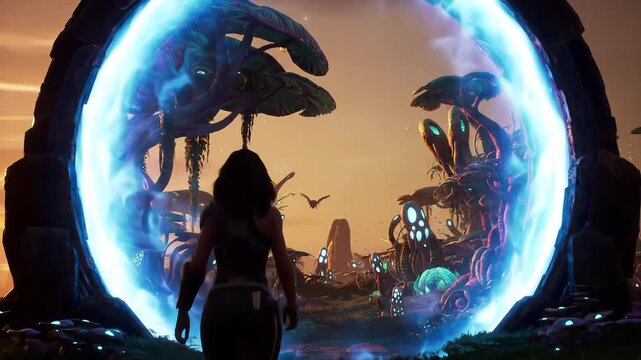 Futuristic Female Warrior Facing Glowing Dimensional Portal to Alien World - Sci-Fi Game Cutscene Concept - AI Generated