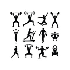 Cross Training, Weightlifting, and Gym Workout Silhouettes Collection on White Background