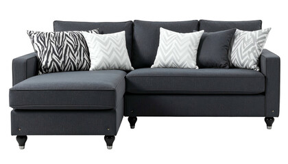 A modern dark gray sectional sofa with accent pillows