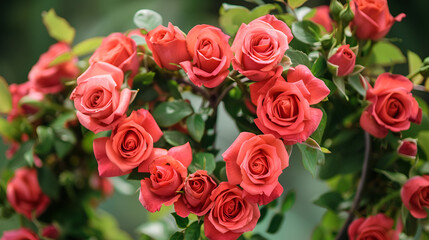 Obraz premium Vibrant coral roses in full bloom with lush green leaves