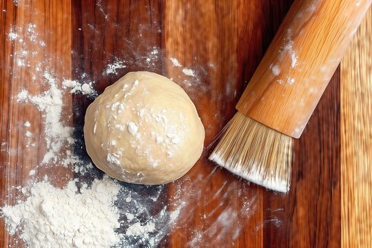 Atta flour mound with dough ball and rolling pin on wood.